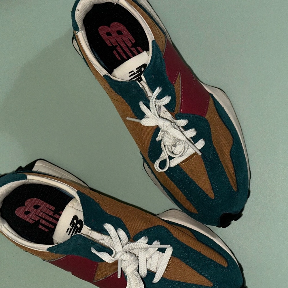 New Balance 327 Teal and Brown and Burgundy Sneakers